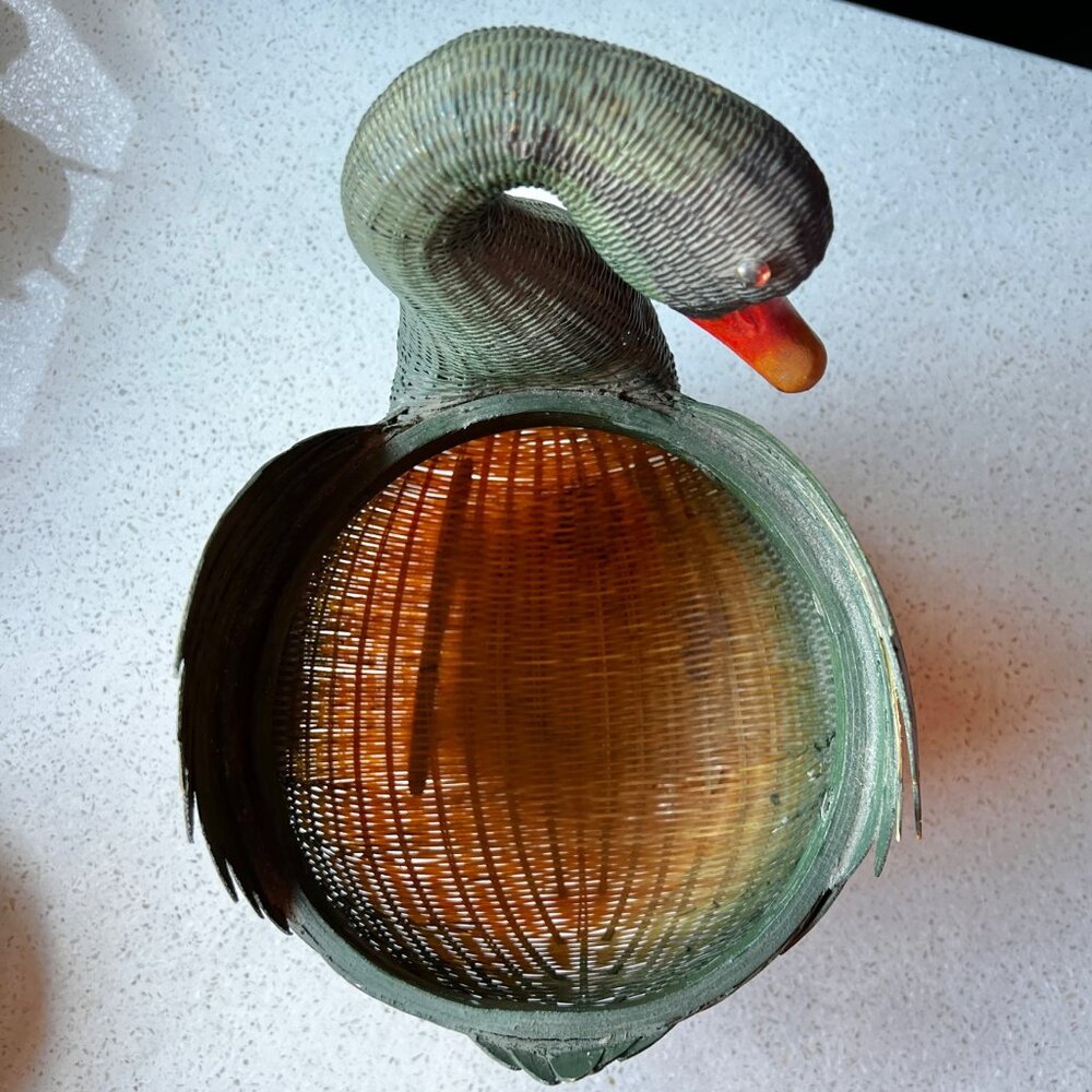 Handcrafted Woven Duck Basket Green & Orange Decorative Storage Piece Natural - Picture 6 of 10